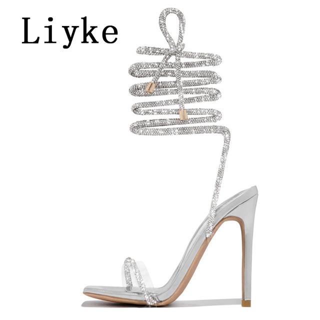 Fashion Liyke Fashion Glitter Rhinestones Women Sandals Crystal Ankle Strap High Heels Party Prom Shoes Lady Wedding Stiletto Sandalias