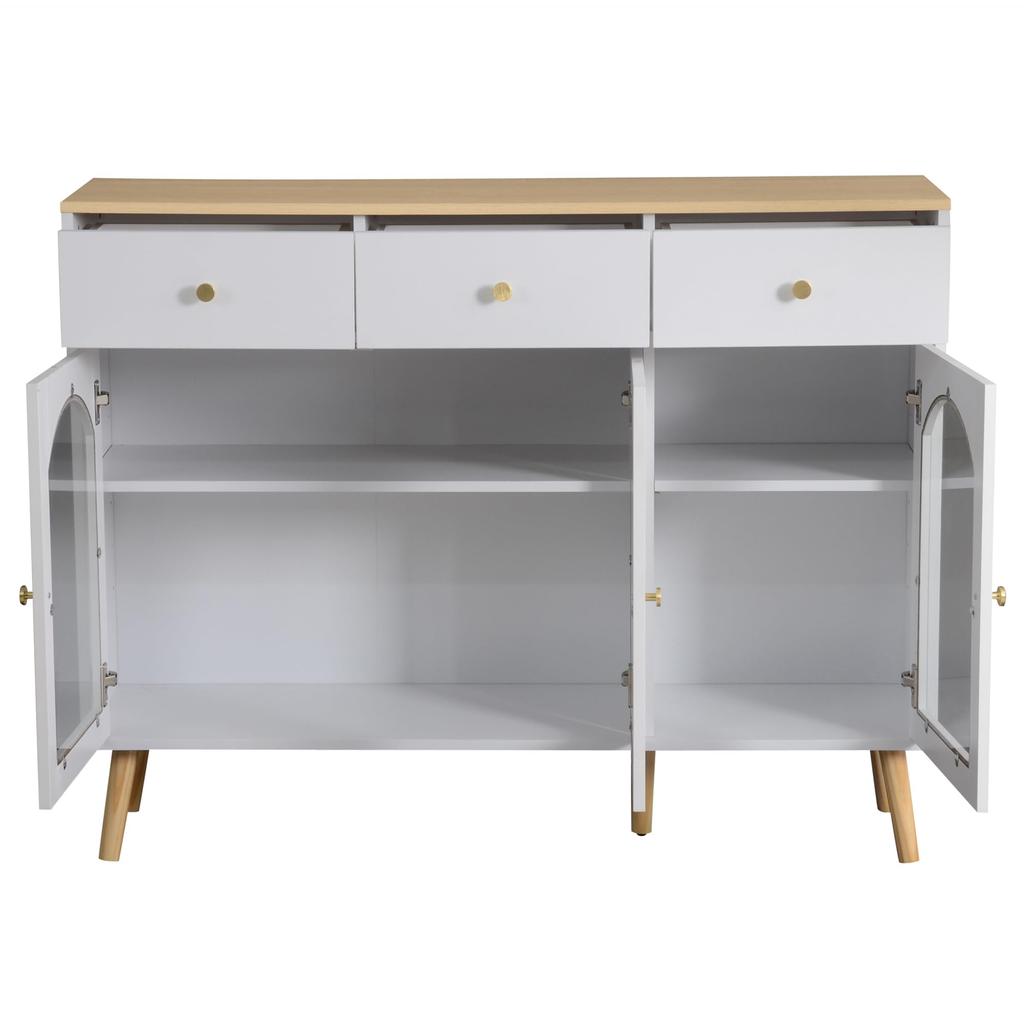 Buffet Sideboard 3 Glastüren & 3 Schubladen, Elegant Küchenschrank Kommode Flurschrank Stauraum, Wohnzimmer Esszimmer, 120cm, Weiß & Holzfarbe