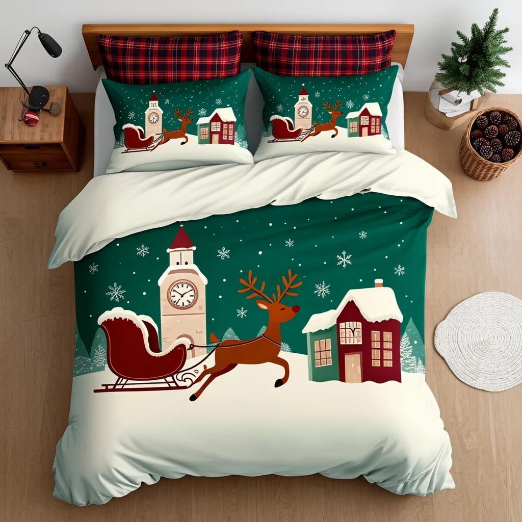 3Pcs Christmas Story Town Bedding Set Duvet Cover Warm Village Print Soft Polyester Queen Size Home Decor Holiday Gift