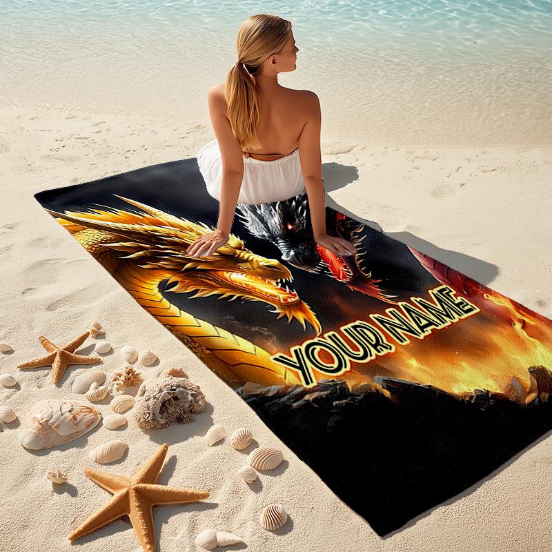 1PC Custom Name "Dragon Battle: Fire vs Ice" Beach Towel Highly Absorbent And Sand-Resistant Towel for Swimming, Pool, Yoga, And Travel Lightweight