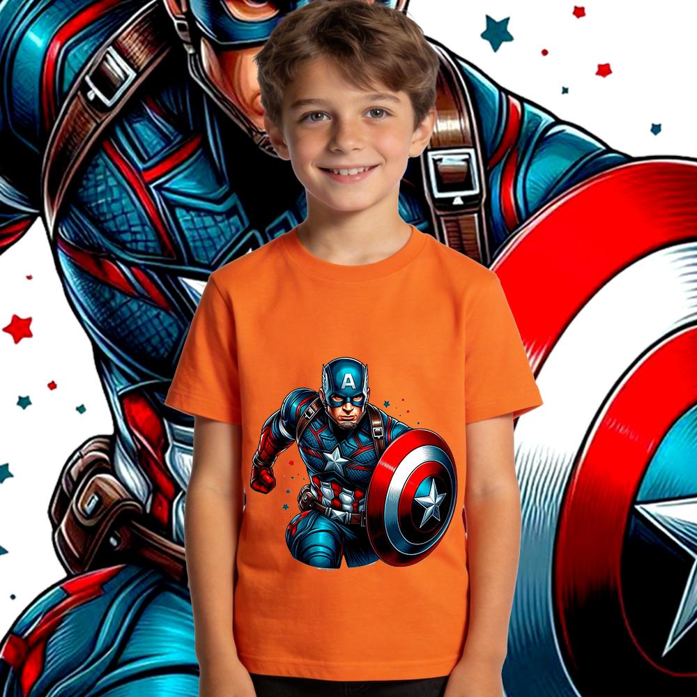Captain America Charge Print Boys Girls Kids  T Shirt Casual Summer Top Soft Breathable