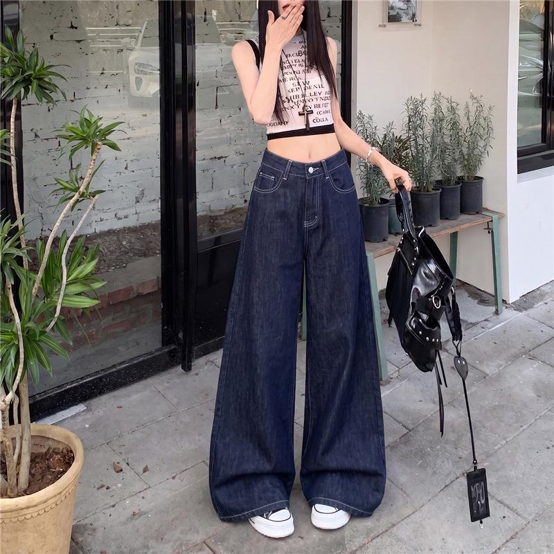 Retro American Anti-fading Primary Color Jeans Women's New Loose Drape Versatile Comfortable and Thin Floor-mopping Wide-leg Pants