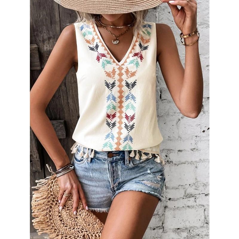 Women's Fashion Casual Summer Spring Sleeveless V-Neck Blouses & Shirts