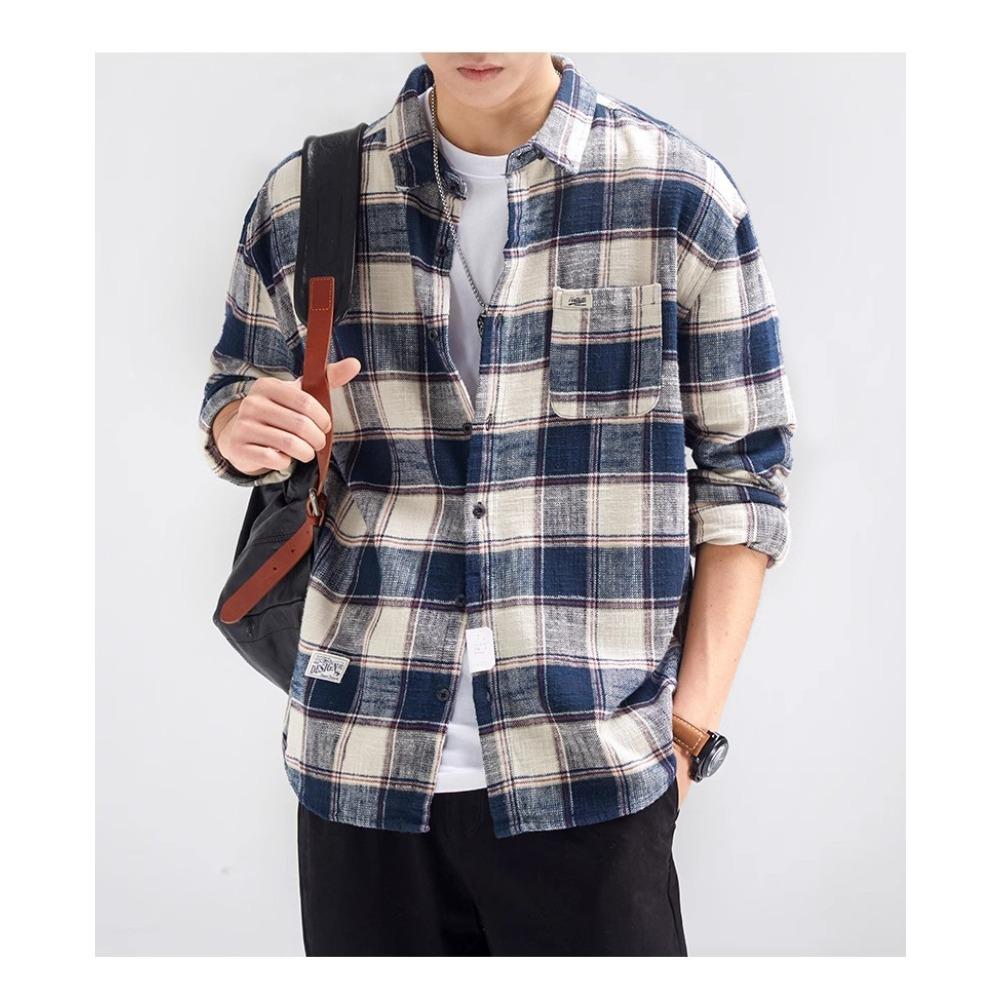 Men’s Japanese-style Retro High-street Checked Shirt: Long-sleeved, Collared, Loose-fit Jacket