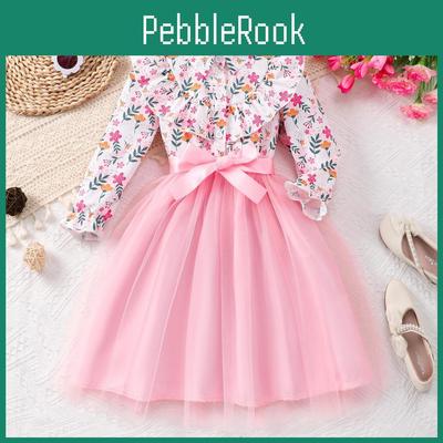 Blumenmädchen Mode Print Langarm Netzkleid Mit Gürtel Frühling Sommer Freizeitkleid Für Kinder