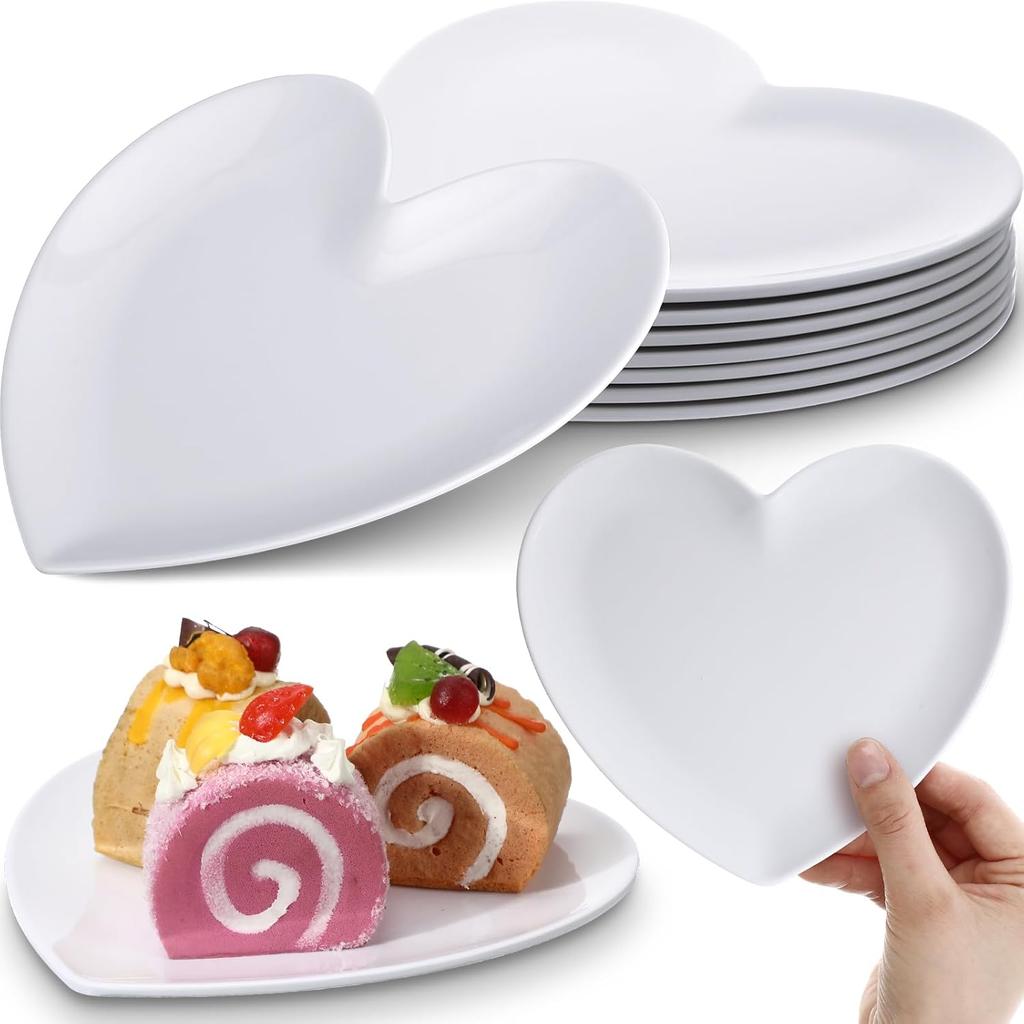 Nuogo 2 Pcs Heart Shaped Dinner Plates 6.8'' Valentine's Serving Tray Unbreakable Ceramic-like Heart Shaped Plates for Dessert, Appetizer, Salad,