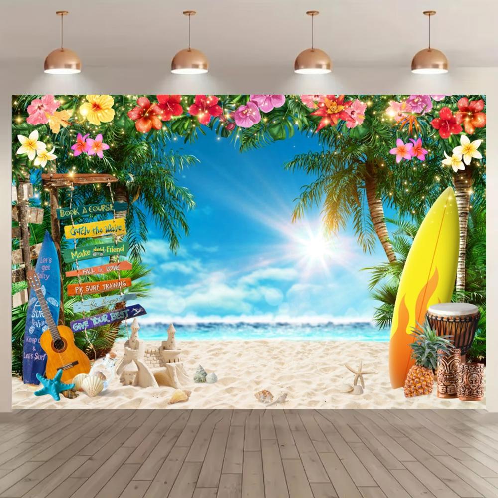 Tropical Beach Family Portrait Photography Background Surfboard Hawaiian Flowers Kids Birthday Party Backdrop Photo Booth Props