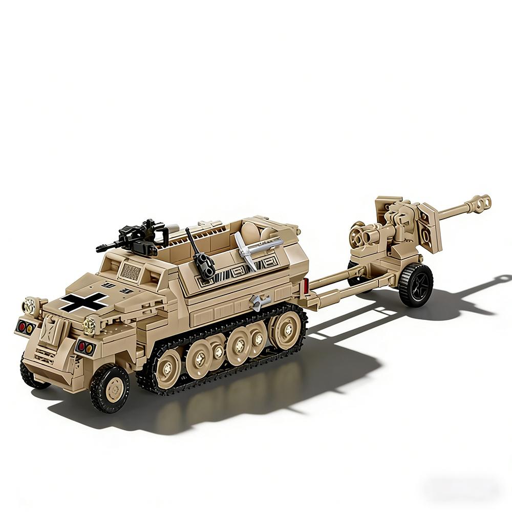 World War 2 WW2 Army Military Soldiers SWAT Half Tracked Armor Vehicle Trailer Assemble Building Blocks Bricks Children's Toys