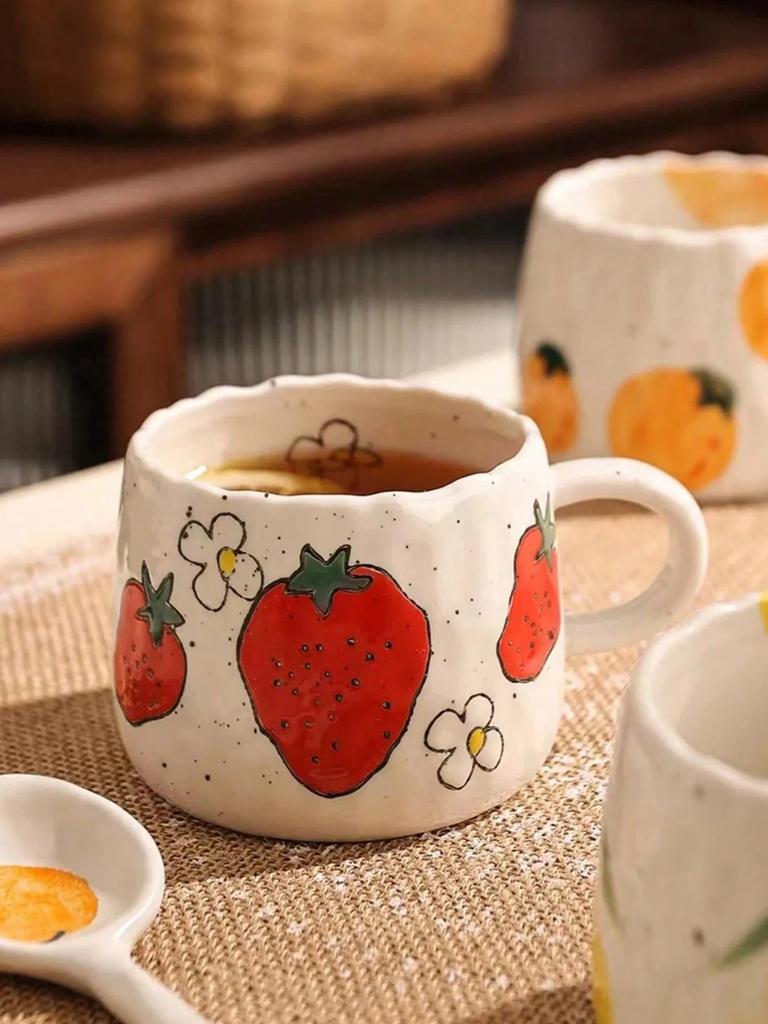 Hand-Painted Ceramic Mug – Strawberry Main Design with 3 Fruit Patterns, 300ml Artisan Coffee & Tea Cup