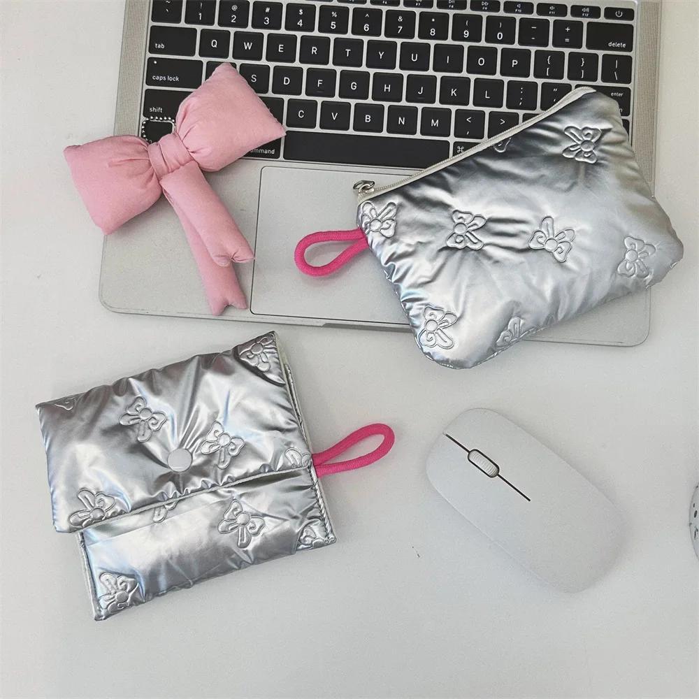 Silver Lingge Bow Pattern Coin Purses Small Canvas Coin Wallet Lady Girls Earphone Coin Key Money Storage Bag Zipper Pouch