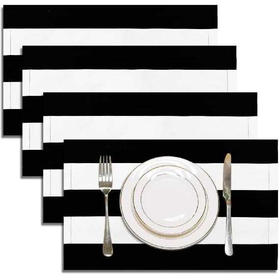 Letjolt Black and White Striped Placemats Set of 4 Black Stripe Kitchen Decor Placemats Beetlejuice Party Table Mats Dining Table Decor