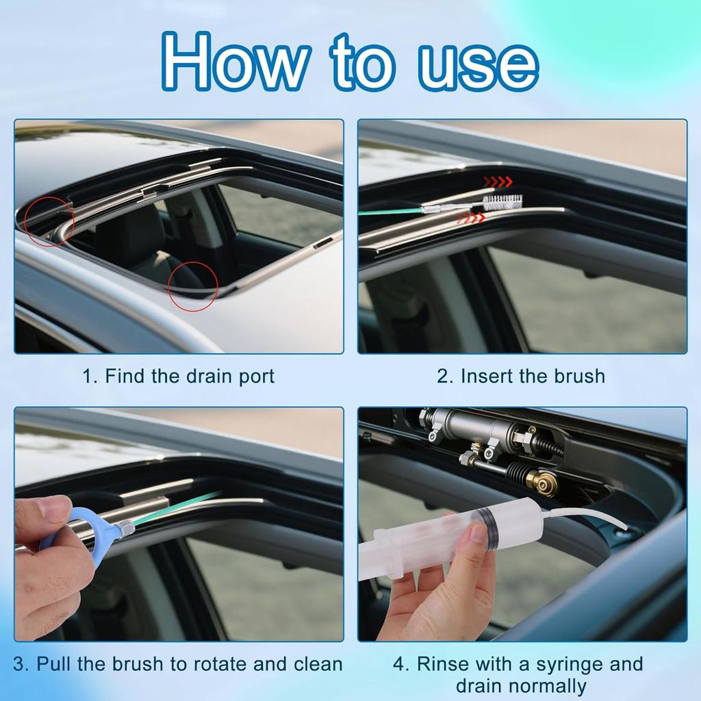 Car Sunroof Drain Cleaning Tool, Extra Long Flexible Wire Cleaner Unclogger With Straight Brush Syringe Leather Hose & Sponge For Auto Sun Roof Cover