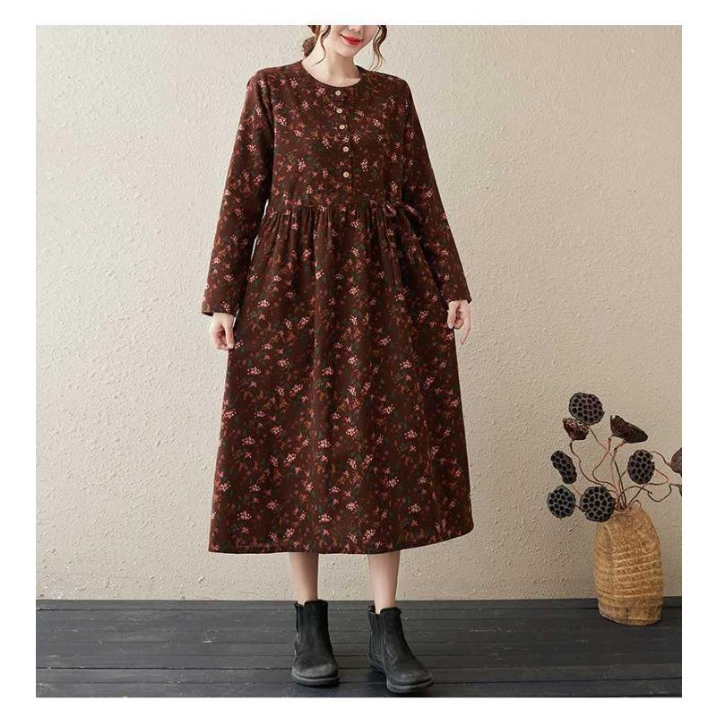 Neues bedrucktes Kleid im Ethno-Stil mit Rundhalsausschnitt und langen Ärmeln, locker