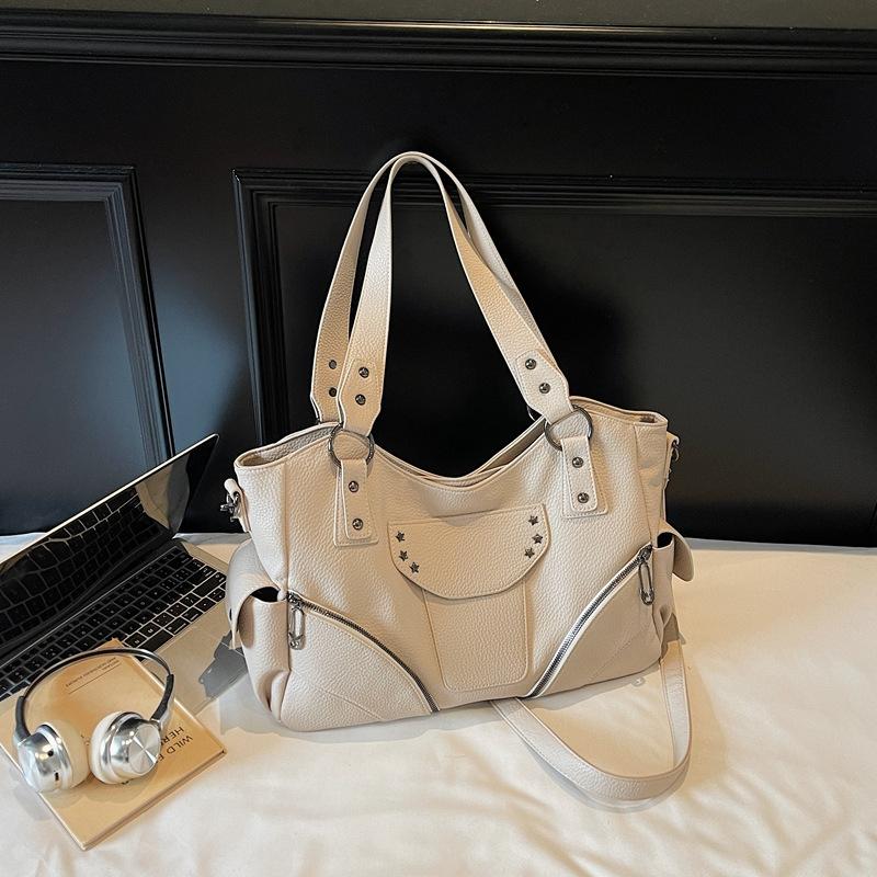 PU Shoulder Bag Women's Fashion Tote with Star Stud Detail and Dual Side Zip Pockets