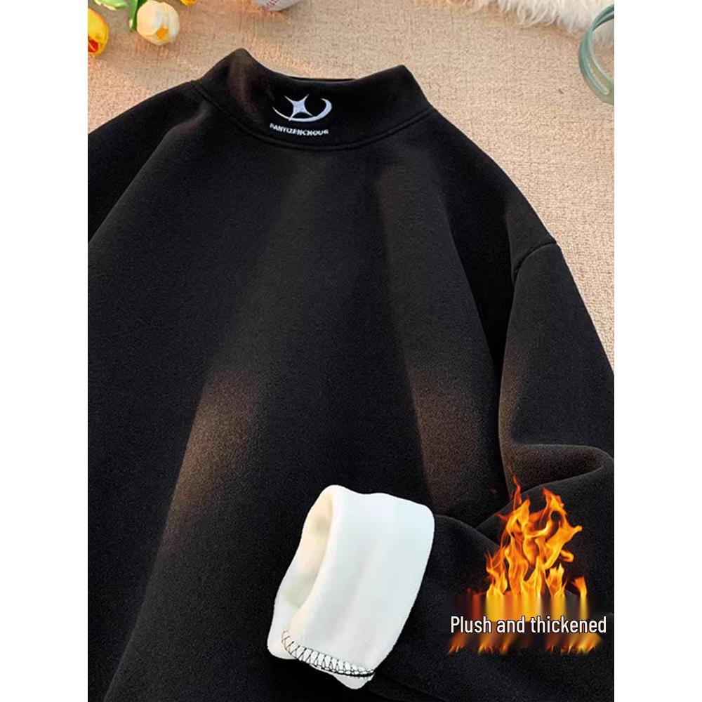 Men's Fleece Half-High Collar Sweatshirt, Velvet-Thickened, Loose Fit, Long Sleeve, Perfect for Autumn/Winter 2025.
