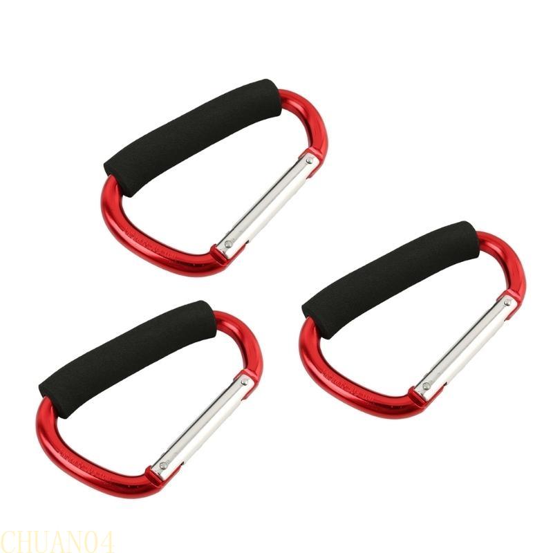 3Pcs Aluminum Alloy D-Shaped Carabiner Sponges Shopping Hook Large Stroller Clip Mountaineering Buckles - Shopping Cart Gripper красный