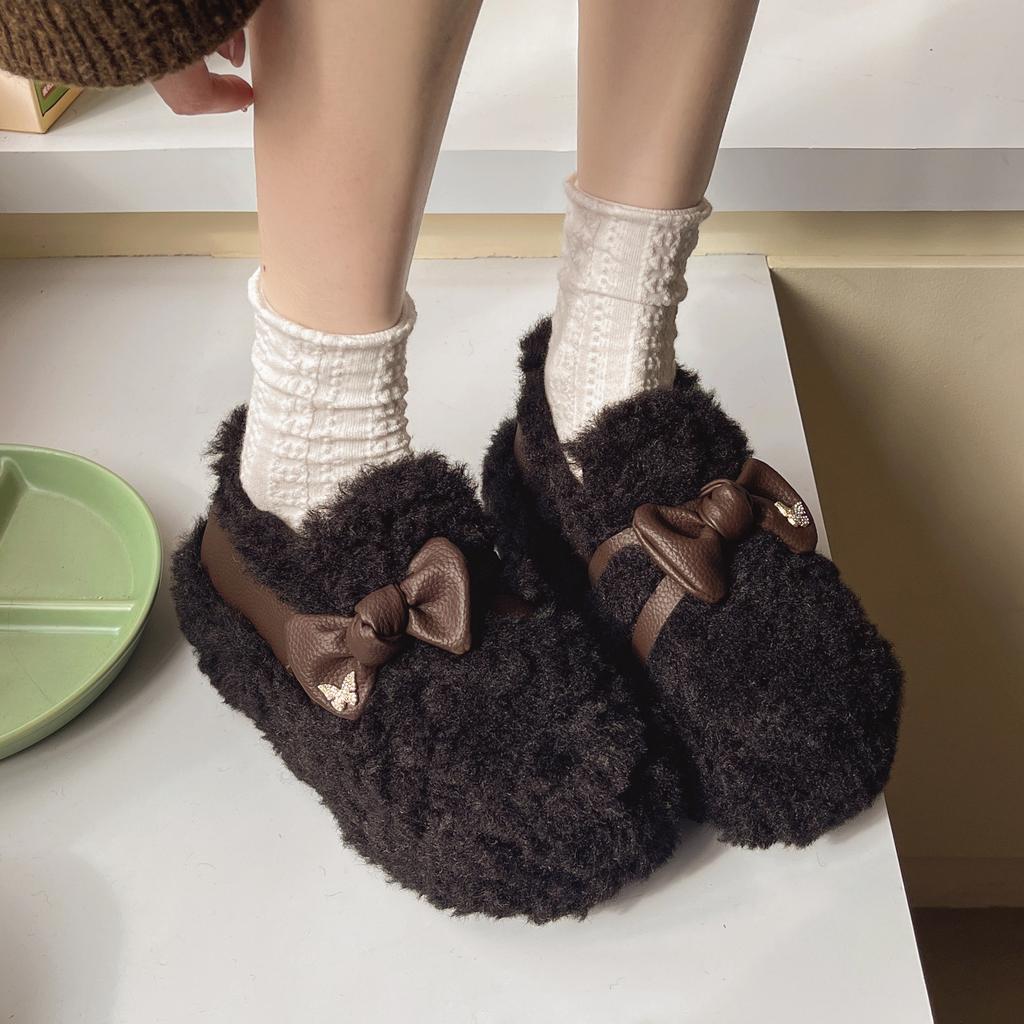 Bow-tie fluffy shoes for women's outer wear 2025 winter new Korean version velvet warm one-pedal Doudou shoes women's shoes cotton shoes