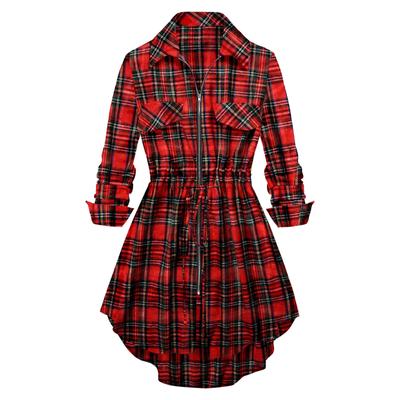 Women's Vintage Plaid Zip-Up Long Sleeve Mid Length Shirt