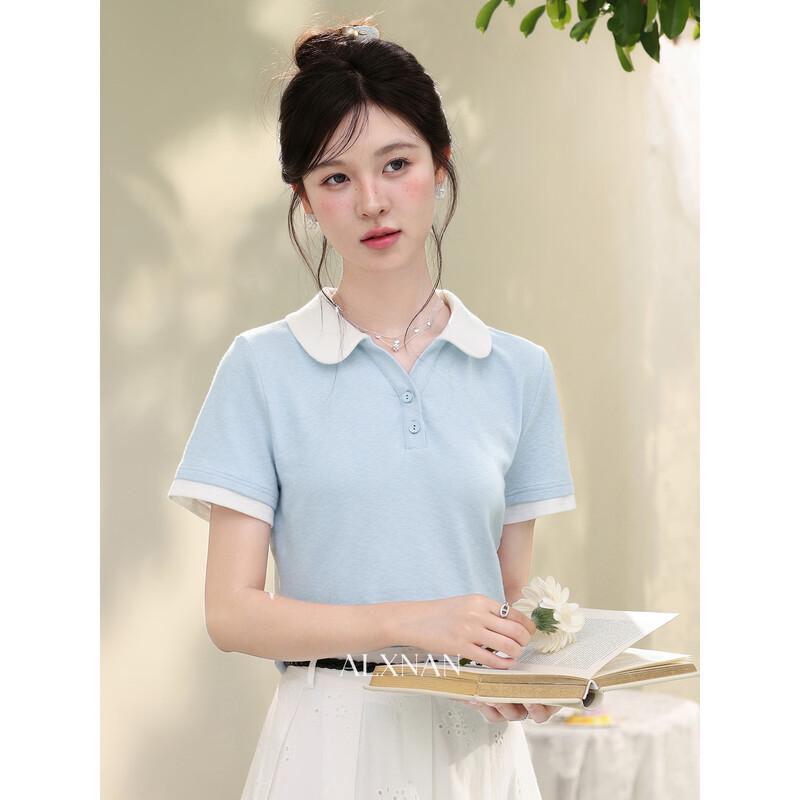 Women s Fake Two-Piece V-Neck T-Shirt S синий