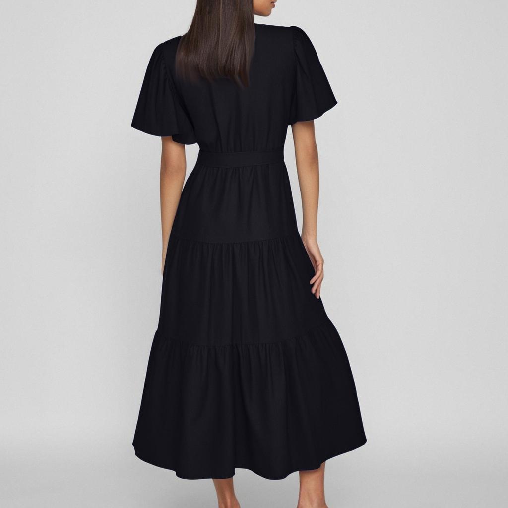 Women's Casual Loose Color V-Neck Short Sleeved Waist Dress Short Sleeved Waist Dress