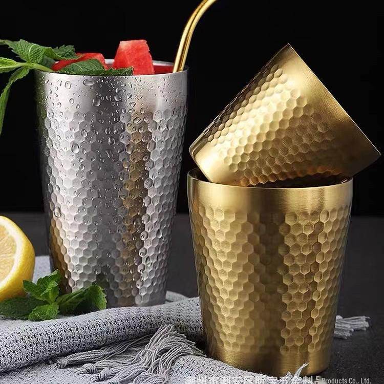 Golden Diamond Honeycomb 304 Stainless Steel Double-Layer Cup - Hammered Design, Anti-Scald. Perfect for Juice, Beer, and Tea.