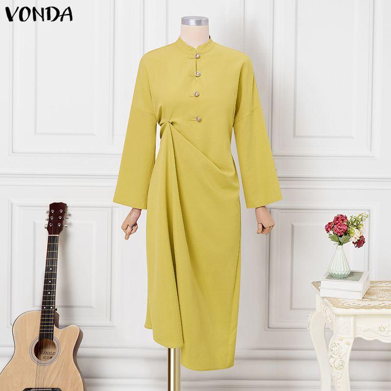 VONDA Women Round Neck Long Sleeve Side Button Waist Ruffled Casual Long Maxi Robe Dress M жёлтый