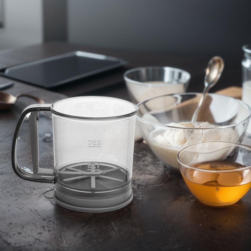 Hand Crank Flour Sieve Semi-Automatic One Hand Press Crank Sifter Plastic Sugar Powder Sieve Cup Practical Baking Tool for Home