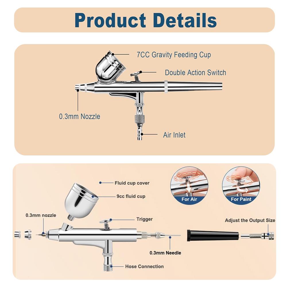 Double-Action Airbrush-Pistole 0,3 mm Düsen Schwerkraftzufuhr Spritzpistolen-Set für Modell Kuchen Nagel Autolackierung Beauty Inkjet Werkzeug