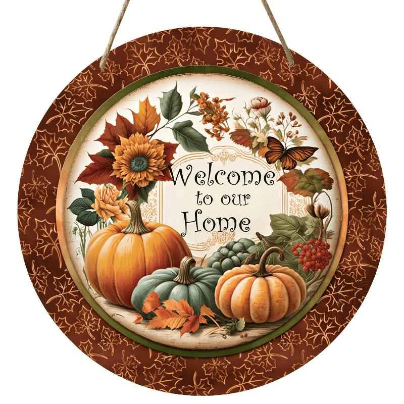 2d Flat 20*20cm, Home Decoration, Autumn Welcome Home, Pumpkin Wooden Circular Logo Creative Decoration Board, for Home, Club, Cafe Bedroom, Bar Decor