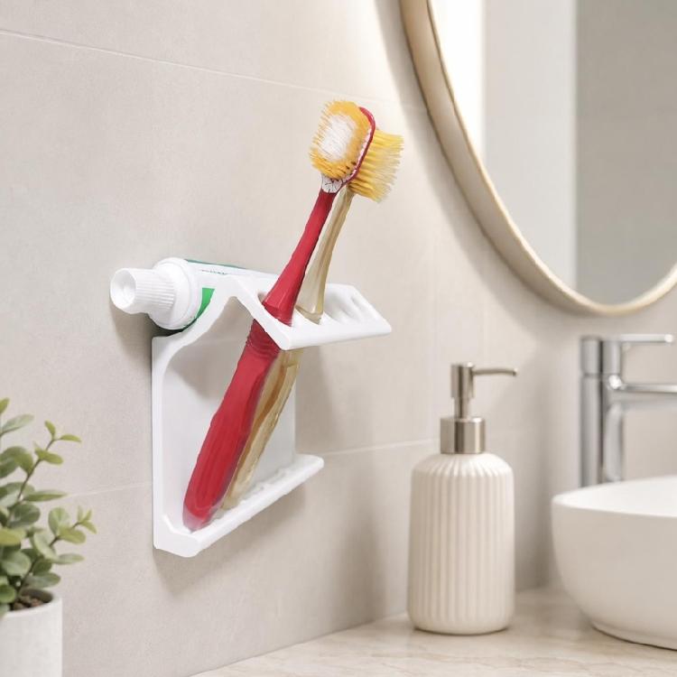 Ventilated 3D Printed Toothbrush Holder for Bathroom, Hanging Toothpaste Rack with 5 Positions and Lower Storage Shelf, Space Saving