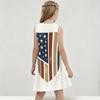 Girls White Round Neck Sleeveless Printed A Line Flared Dress Eagle Star Stripe Design