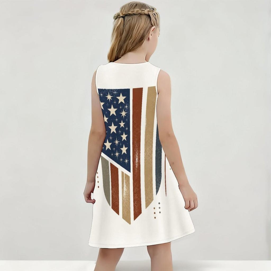 Girls White Round Neck Sleeveless Printed A Line Flared Dress Eagle Star Stripe Design