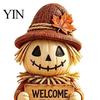 Rural Style Fireplace Decor 3 Pcs Fall Wooden Scarecrow Figurines, Farmhouse Rustic Statue with Maple Decorative Craft for Thanksgiving Leaf,
