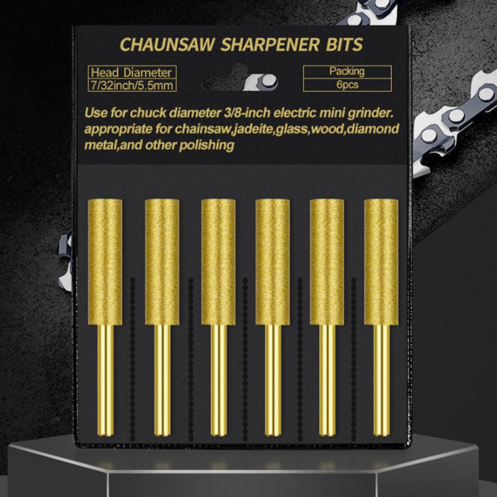 6pcs Chainsaw Sharpening Stone Chain Saw Sharpener Diamond Grinding Tool Titanium-Plated Grinding Bits 4mm/4.8mm/5.5mm