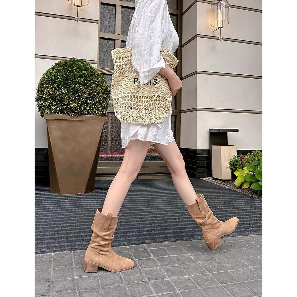 Soft Leather Version~ Western Cowboy Boots Straight Pleated Piled Boots Women's Thick Heel Thin Retro Suede Inner Short Boots