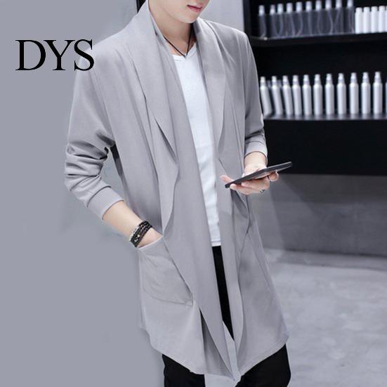 Men Cloak Trench Windbreaker Large Neckline Solid Color Cardigan Slim Mid-length Draping Overcoat Outwear Streetwear