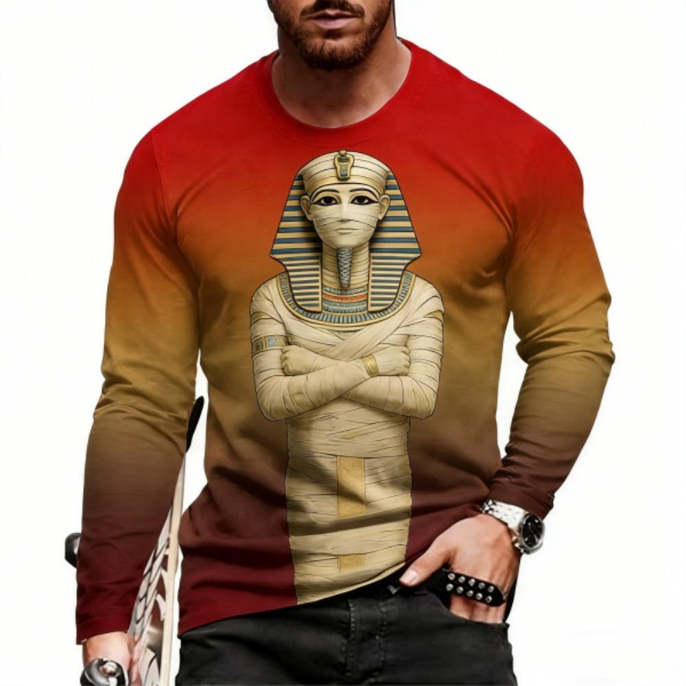 Europe America Men's T-shirt Fashion Egyptian Culture Print Pullover Comfortable Men's Long Sleeve T-shirt Outdoor Oversized Tees Top