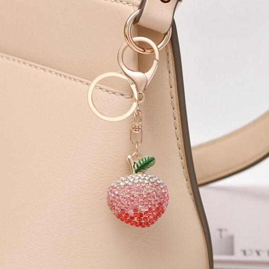Peach Keychain Full Diamond Gradient Sparkling Crystal Alloy Fruit Key Ring with Lobster Clasp for Keys Bags Car Backpack Pendant Charm Gift