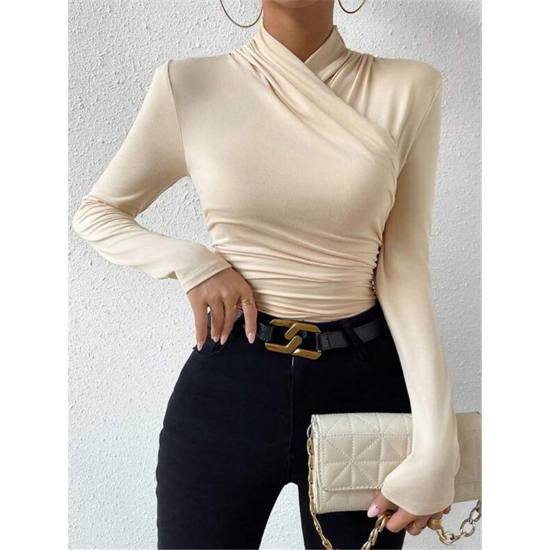 Women's Fall/Winter Design Cross-neck Slim and Versatile Shirred T-shirt