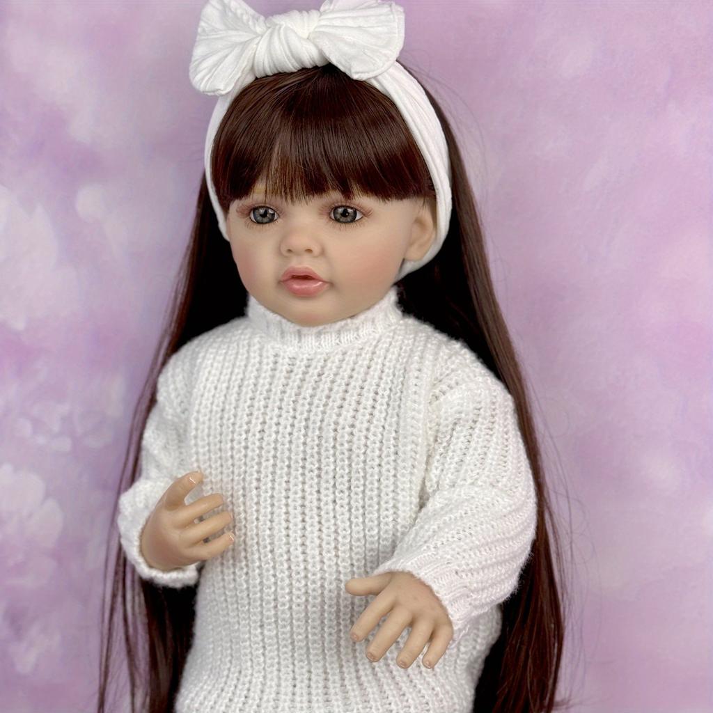 BZDOLL 55CM 22Inch Full Vinyl Body Reborn Baby Girl Doll Dress Up Brown Long Hair Princess Toddler Doll For Child Lovely Birthday Gift Handmade Toy