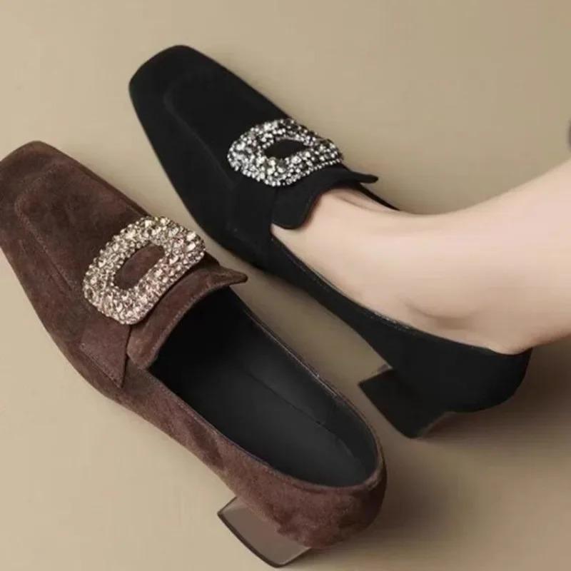 Retro square toe coarse follow-up shoes for women, matte deep mouthed rhinestone square buckle high heels with velvet for women