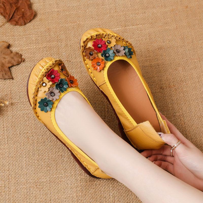 Fashion New Summer Genuine Leather Ballet Flats Women's Flower Loafers Ladies Moccasins Shallow Daily Shoes Woman Flattie Slip On Shoes