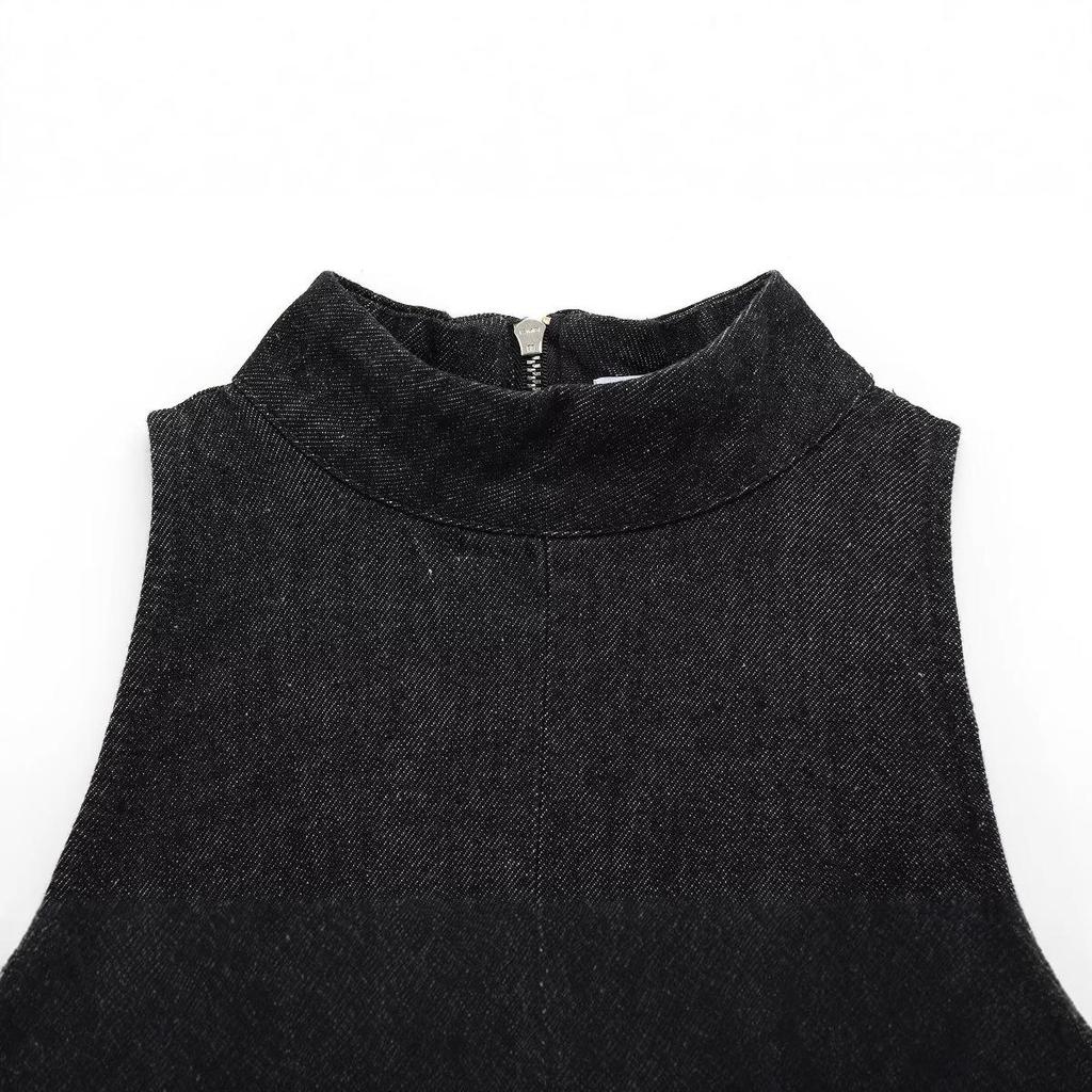 2025 Women's New Year Black Balloon Silhouette Sleeveless Denim Mini Dress