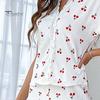 2 Pcs/Set Pajamas Suit Lace Splicing V Neck Short Sleeve Top Cherry Printing Homewear Outfit Casual Top Pants Sleepwear Set