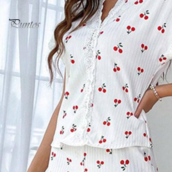 2 Pcs/Set Pajamas Suit Lace Splicing V Neck Short Sleeve Top Cherry Printing Homewear Outfit Casual Top Pants Sleepwear Set