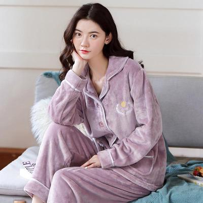 "Women's Coral Fleece Pajamas Set - Thick, Warm Flannel for Autumn & Winter, Wearable Outside As Loungewear"