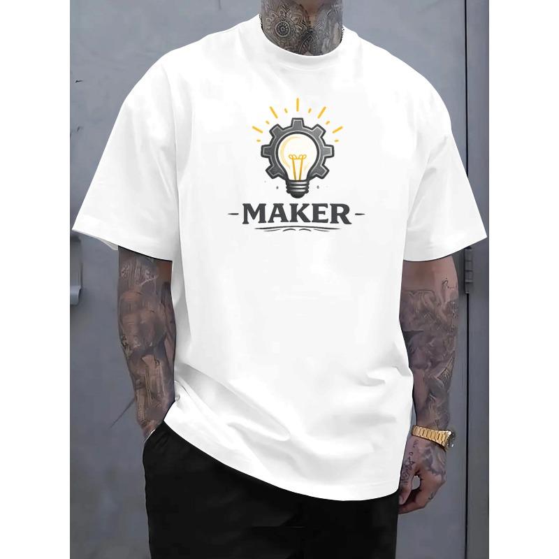 

European sizes Maker Retro Style Maker Printed Men s T-Shirt, Summer Breathable Short-Sleeve, Regular-Fit Daily Casual Machine-Washable 4XL білий