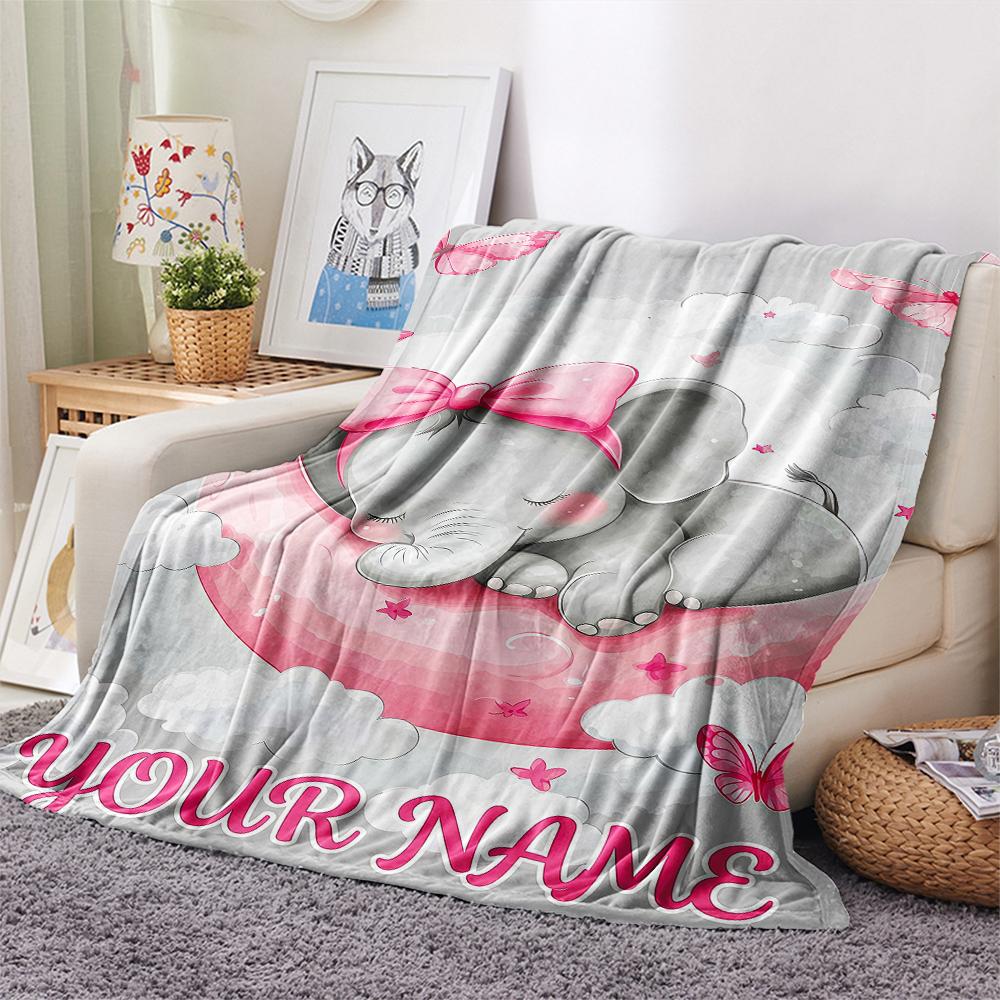 1PC Custom Name Pink Elephant Dreams Patterned Flannel Blanket Suitable For All Seasons for Home Decor Warmth and Comfort Gifts Holiday Present_lx