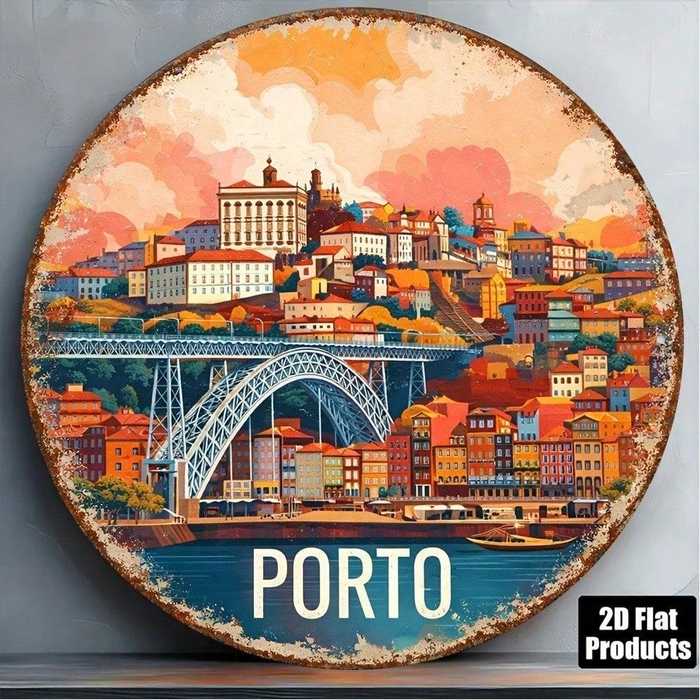 1pc 8x8in Vintage Porto Cityscape Sign, 2D Flat Round Plaque With Bridge Travel Souvenir Decor, English Wall Art For Bar Cafe