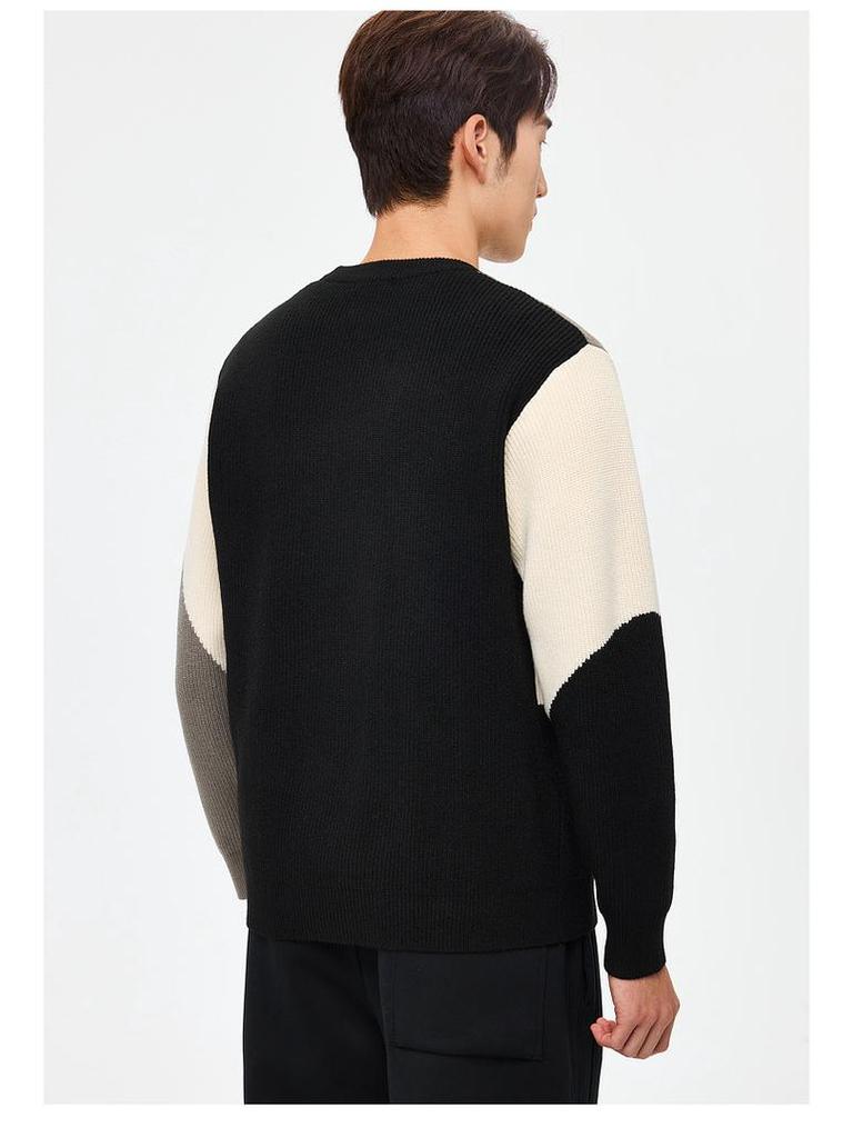 WOOG2005 Men's Color Block Patchwork Round Neck Sweater - 2025 Autumn/Winter Loose Casual Knitwear